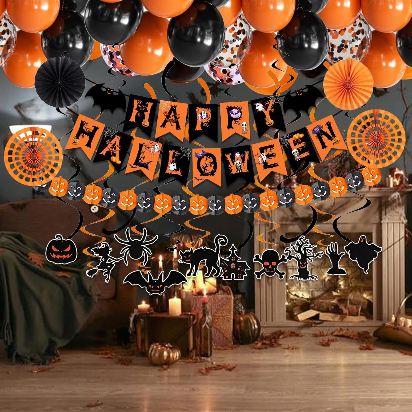Happy Halloween Trick or Treat Banner Paper Fan Balloons & Swirl Streamers Goul Bat Cat Bird Ghost Pumpkin Lantern for Party Decorations