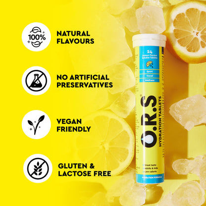 O.R.S Hydration Tablets with Electrolytes, Vegan, Gluten and Lactose Free Formula – Soluble Sports Hydration Tablets with Natural Lemon Flavour, 24 Tablets (Pack of 6 x 24)