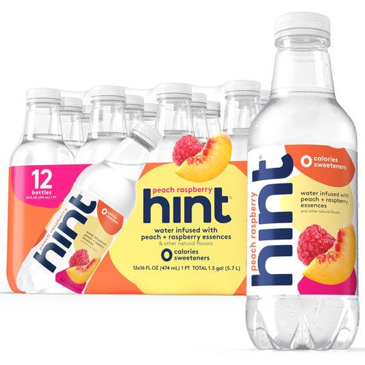 Hint Fruit-Infused Bottled Water, Peach Raspberry - Sugar Free Flavored Water with Zero Calories, Naturally Flavored, and No Artificial Sweeteners - 16 Fl Oz (Pack of 12)