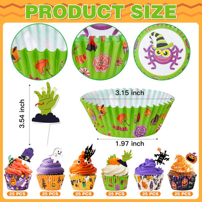 Homyplaza Halloween Cupcake Liners with Toppers Picks, Standard Wrappers Cupcake Disposable Baking Cups Muffin Liners for Halloween Party Decorations Supplies (150 Liners & 150 Toppers)