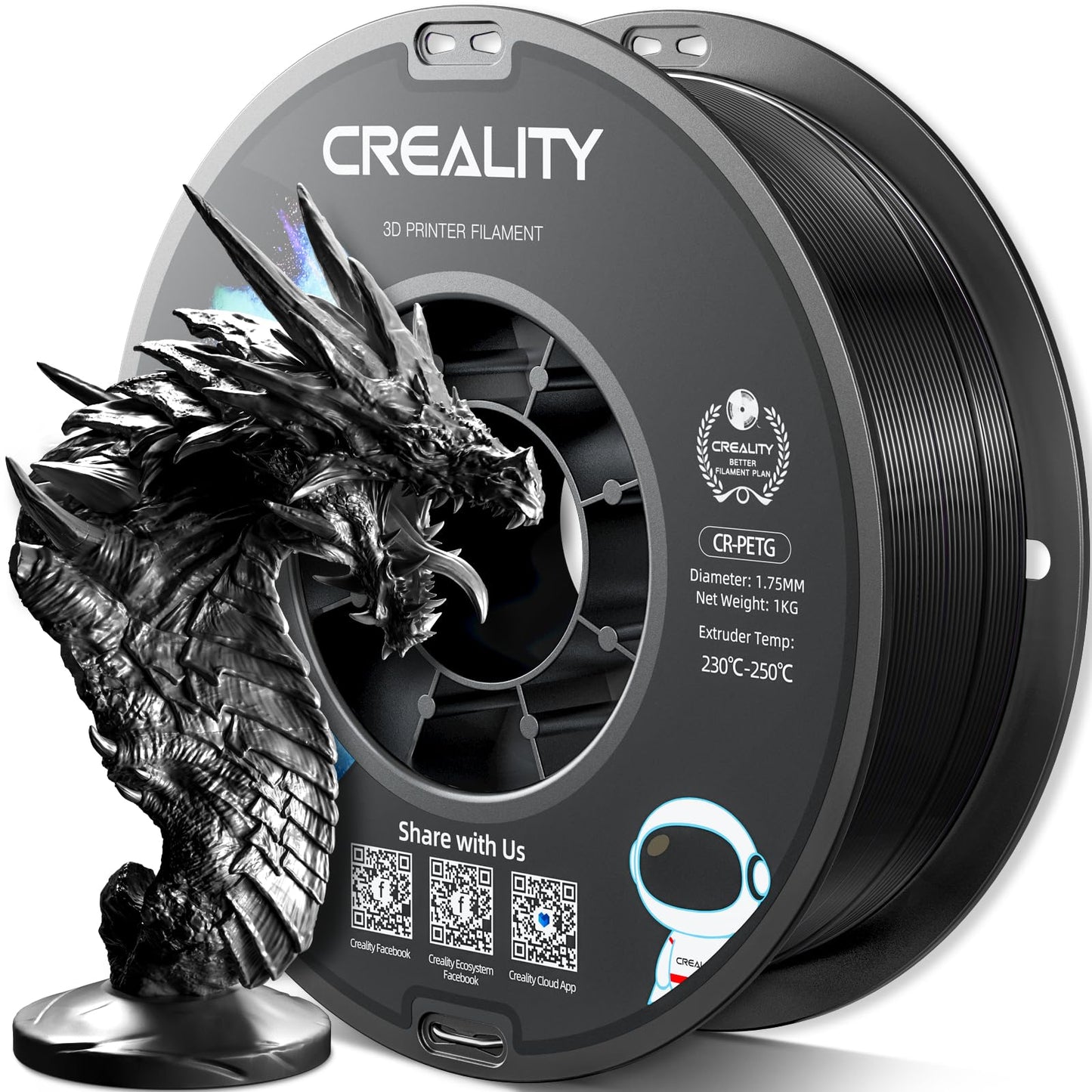 Creality PETG Filament 1.75mm 3D Printer Filament 1KG (2.2lbs), High Precision, Strong Toughness, Odorless, Dimensional Accuracy +/- 0.02 mm, Moistureproof 3D Filament for FDM 3D Printer, Black