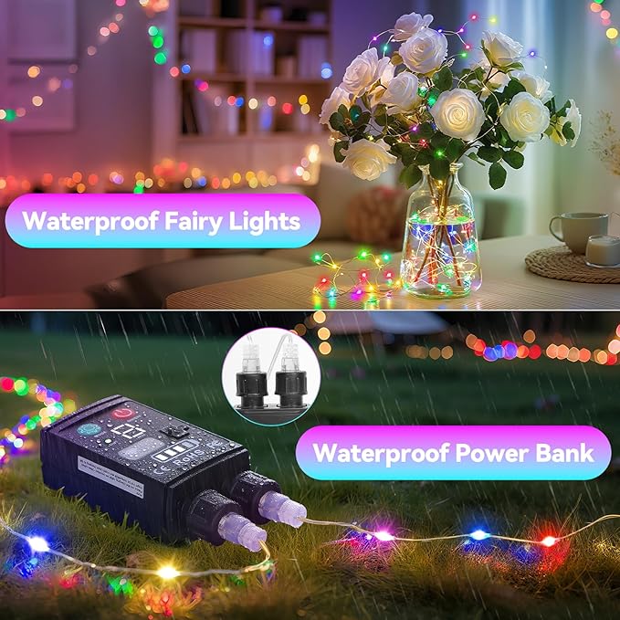 Lakumu 2-in-1 Rechargeable Fairy Lights Battery Operated, 66FT(2×33) Twinkle Lights with Remote & Timer, 200 LED String Lights for Bedroom Waterproof Outdoor Camping, Christmas Decorations Multicolor