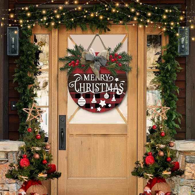 Merry Christmas Door Sign Xmas Buffalo Plaid Hanging Signs With Bow And Wreath Christmas Stars Wooden Sign for Front Door for Holiday Rustic Farmhouse Outdoor Wall Window Decor 12 Inch