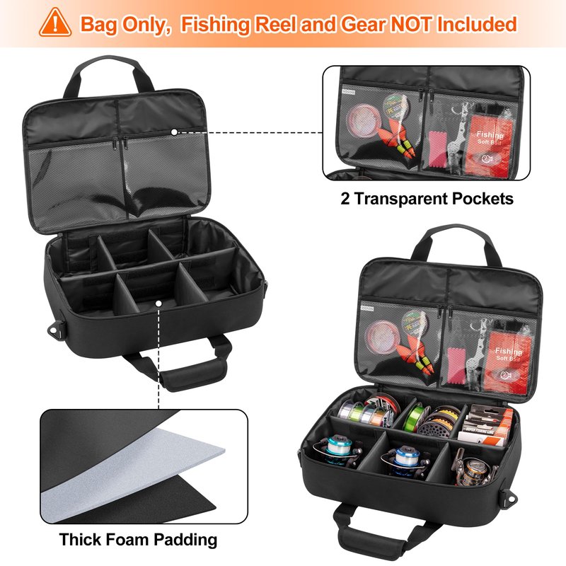 Rexmica Fishing Reel Case for Spinning Reels, Fly Fishing Reels, Baitcaster Fishing Reels, Fishing Reel Storage Bag with Multiple Pockets and Dividers, Fishing Gear Bag for Fishing Trip/Daily Storage