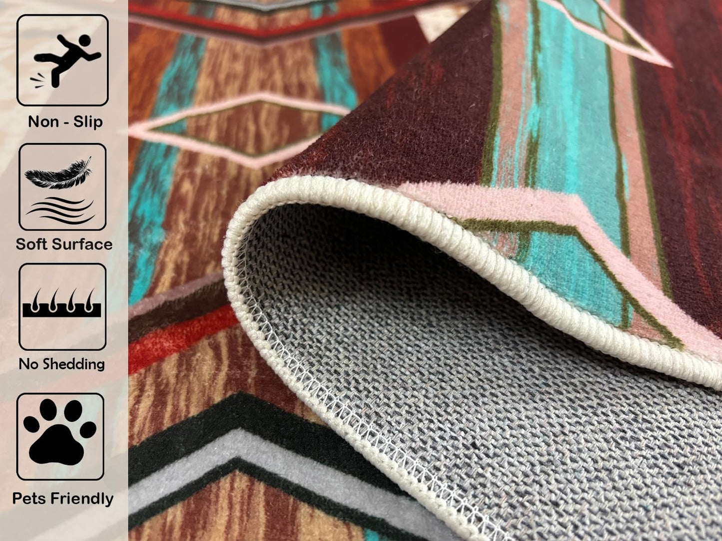 Combo Southwest Faux Cowhide Area Rug and 4 Pcs Non-Slip Rug Tape for Living Room, Bedroom, Southwestern Area Rugs, Native American Rug, Geometric Western Rugs, Aztec Tribal Rugs Home Decor 5x8 ft