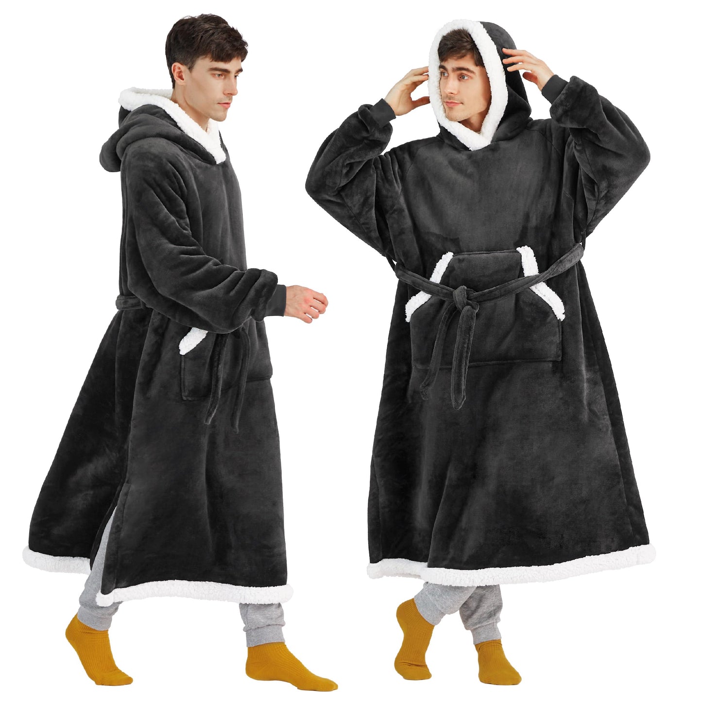 Bedsure Wearable Blanket Hoodie, Long Hooded Blanket Sweatshirt as Christmas Birthday Gifts for Men, Cozy Sherpa Hoodie for Adult, Oversize, Charcoal