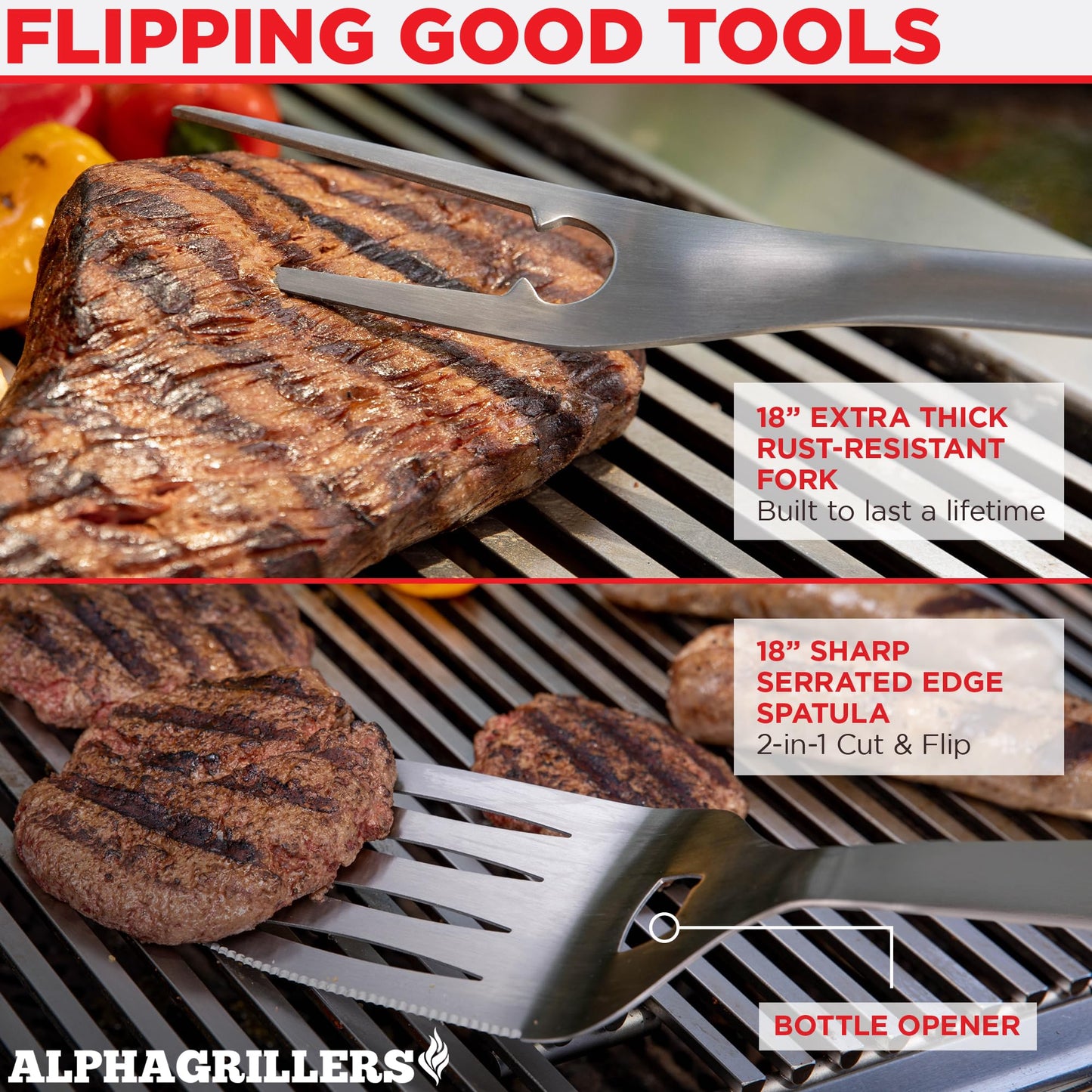 Alpha Grillers Grill Set Heavy Duty BBQ Accessories - BBQ Tool Set 4pc Grill Accessories with Spatula, Fork, Brush & BBQ Tongs - Gifts for Dad Durable, Stainless Steel Grill Tools