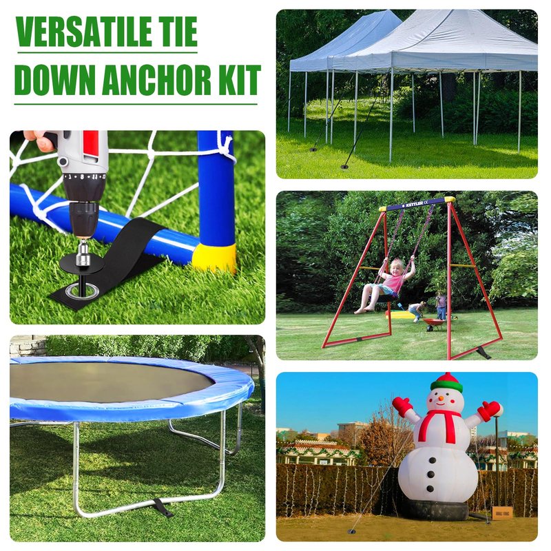 Eurmax USA 4 Pack Universal Ground Anchors High Wind, Heavy Duty Screw-in Trampoline Stakes with 4 Straps, Upgraded Commercial Anchor Kit for Outdoor Sheds, Swing Sets & Mobile Homes (Black)