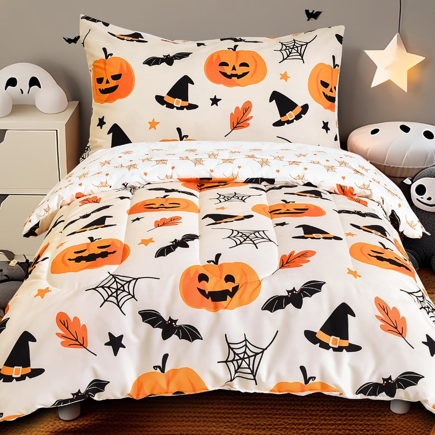 PHF 4 Piece Toddler Bedding Set, Ultra Soft Toddler Comforter Sets Include Comforter, Fitted Sheet, Flat Top Sheet and Pillowcase for Girls, Halloween Bed in A Bag for Baby Bedroom, Pumpkin