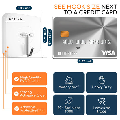 GLUIT Adhesive Wall Hooks for Hanging Heavy Duty 22 lbs Hooks for Walls No Damage, Towel Sticky Clear Hooks, Waterproof, Home, Bathroom, Kitchen, Office, and Outdoor, 40 Pack