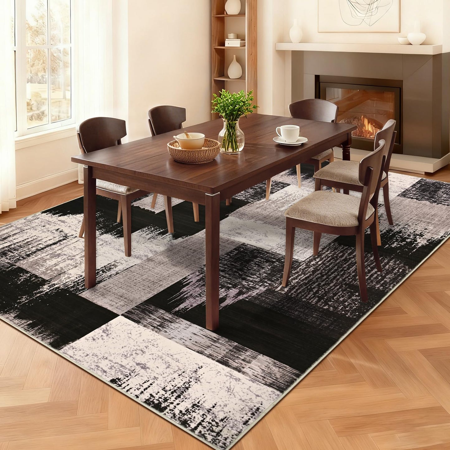 Yinhua Modern Geometric 5x8 Area Rug, Patchwork Brown Rugs for Living Room Washable Abstract Area Rug Non Slip, Low Pile Bedroom Rugs Stain Resistant, Mid Century Carpet for Dining Room, Office