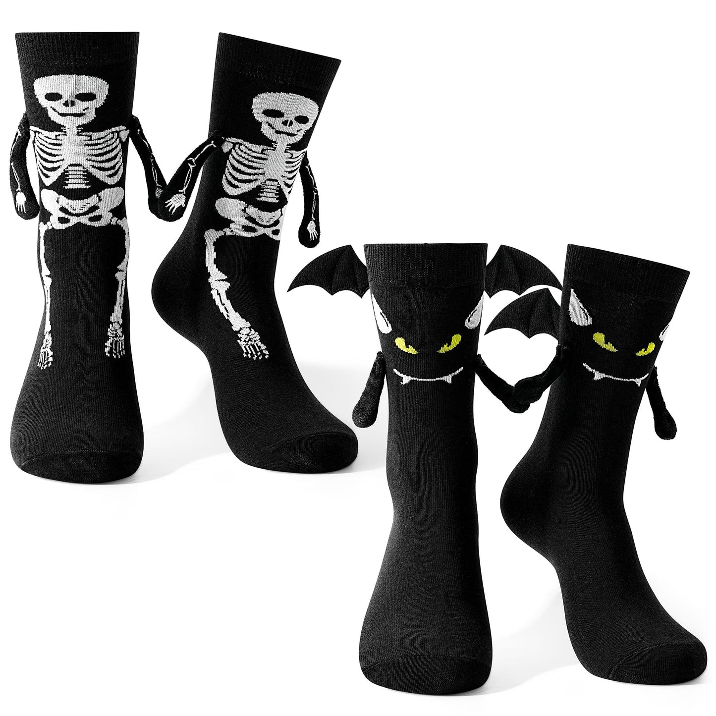 Moyel 2 Pairs Funny 3D Magnetic Holding Hands Halloween Socks Kids 8-12 Years Horror Halloween Gifts for Boys Girls Bat Skeleton Socks Cute Interactive Party Favors Scary Basket Stuffers