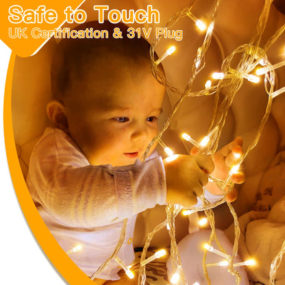 Ollny 10m 100 LED Fairy Lights Mains Powered, Outdoor Waterproof String Light with Remote/Plug/Modes/Timer, Bright Warm White Lighting Outside Indoor Garden Tree Decorations
