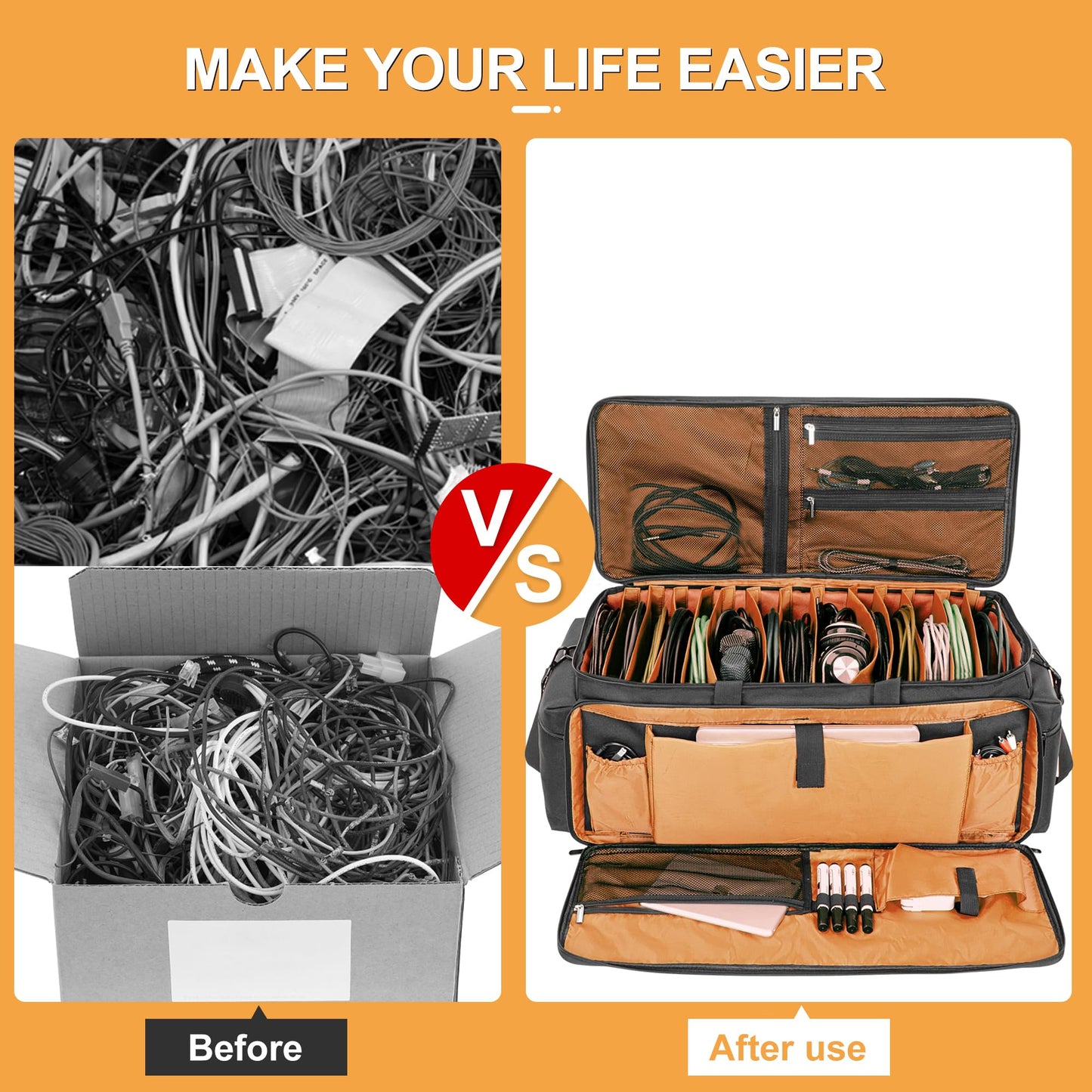 AKOZLIN Cable File Bag with Detachable Dividers, DJ Gig Bag Cord Organizer Case for Laptop,DJ Gear, Sound Instrument and Music Equipment Accessories Black Orange