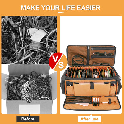 AKOZLIN Cable File Bag with Detachable Dividers, DJ Gig Bag Cord Organizer Case for Laptop,DJ Gear, Sound Instrument and Music Equipment Accessories Black Orange