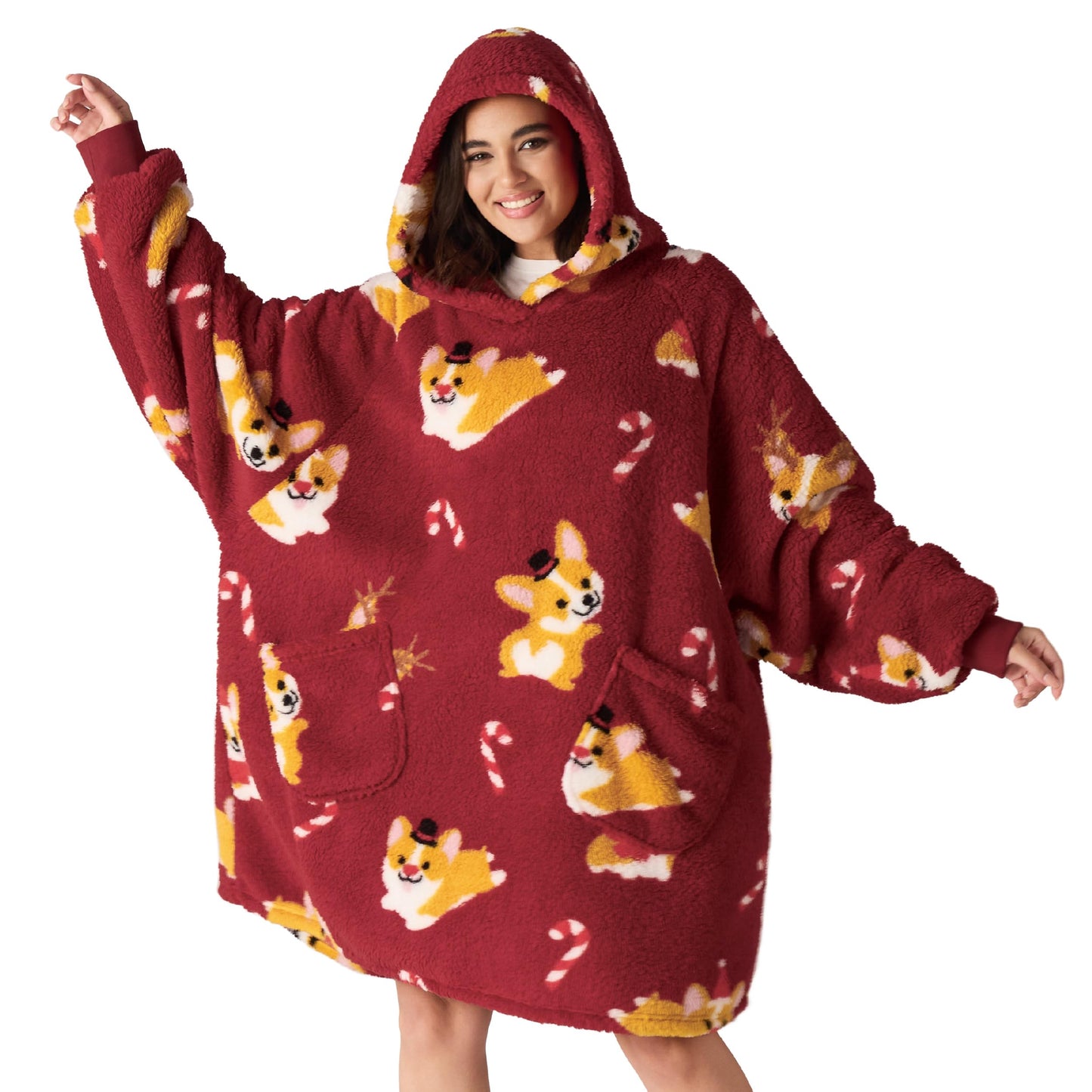 Bedsure Corgi Blanket Hoodie, Christmas Gifts for Girlfriend, Wife, Women - Shaggy Sherpa Cozy Wearable Blanket Gift for Adult Men Birthday, Warm Hooded Sweatshirt, Red