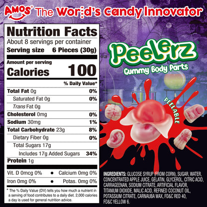 AMOS Halloween Peelerz Body Parts Gummies Candy - Party Treats & Trick or Treat Favors for Kids, Fun Snacks for Adults, Individually Wrapped Pieces, 240g (8.47oz) Bag