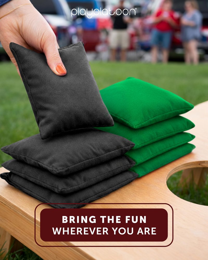 Play Platoon Weather Resistant Cornhole Bags - Set of 8 Regulation Size - Green & Black - Durable Duck Cloth for Tossing Game, Includes Tote Bag