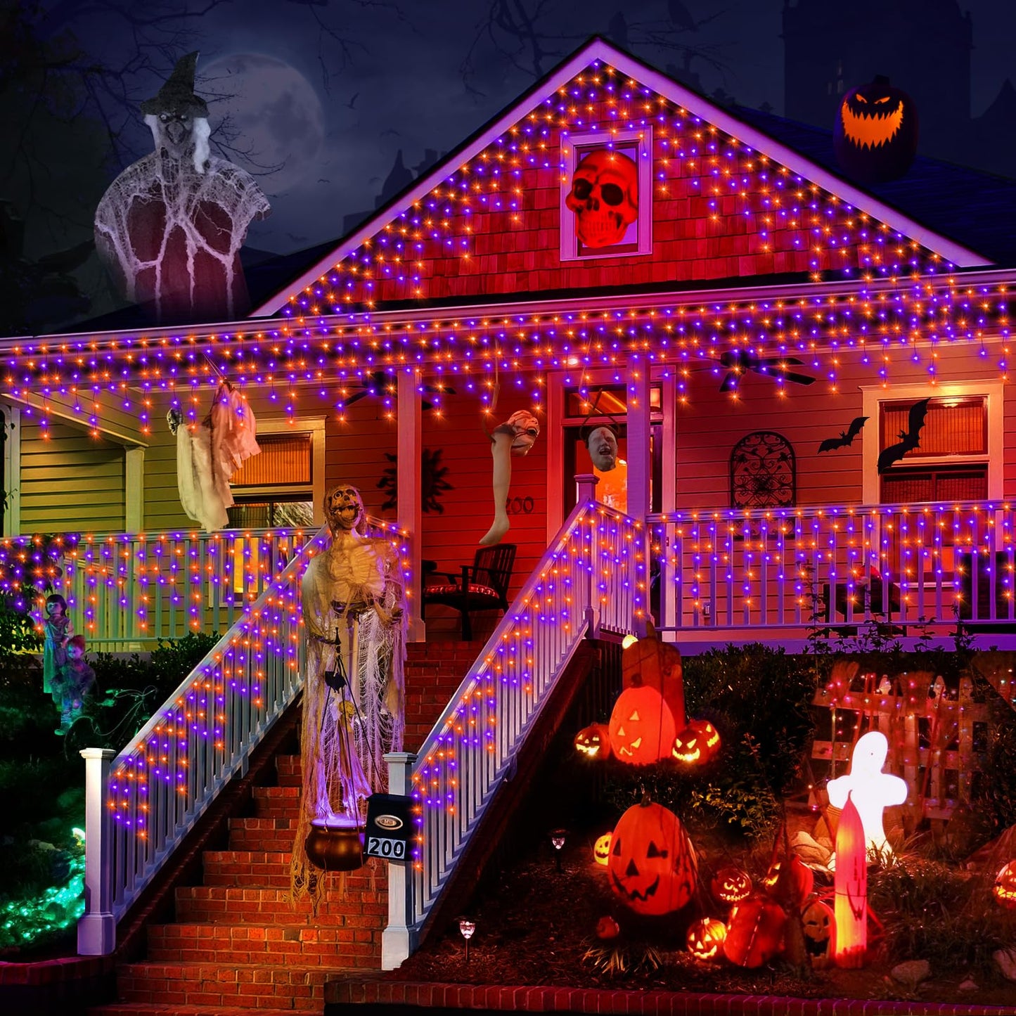 KNONEW 99FT 960 LED Orange Purple Halloween Lights Outdoor Black Wire String Lights with 180 Drops, 8 Lighting Modes, Timer Memory Function Hanging Curtain Lights for Halloween Party