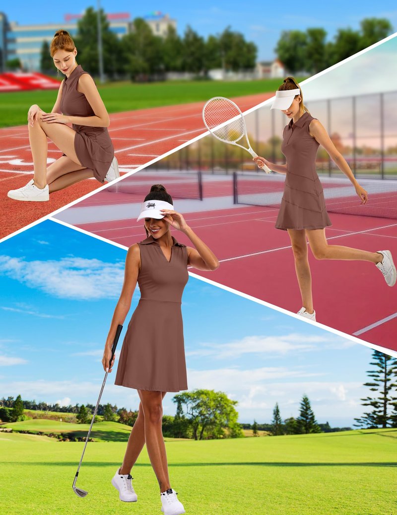 FKEEP Women's Tennis Golf Dresses Zipper V-Neck Sport Activewear with Shorts and Pocket Workout Athletic (Brown, XS)