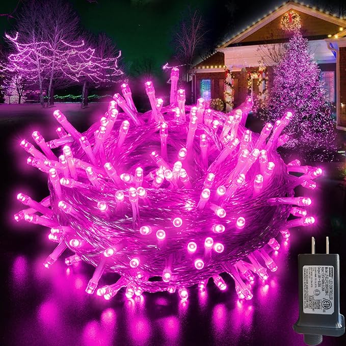 66 ft 200 LED Pink String Lights, Pink Christmas Lights Plug in, Indoor Outdoor Connectable 8 Modes Clear Wire Twinkle Fairy String Lights for Halloween Valentine's Day Wedding Bedroom Party