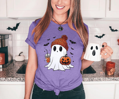 Halloween Shirts for Women Cute Ghost Shirt Fall Pumpkin Tshirt Coffee Lover Graphic Tees Casual Short Sleeve Tops