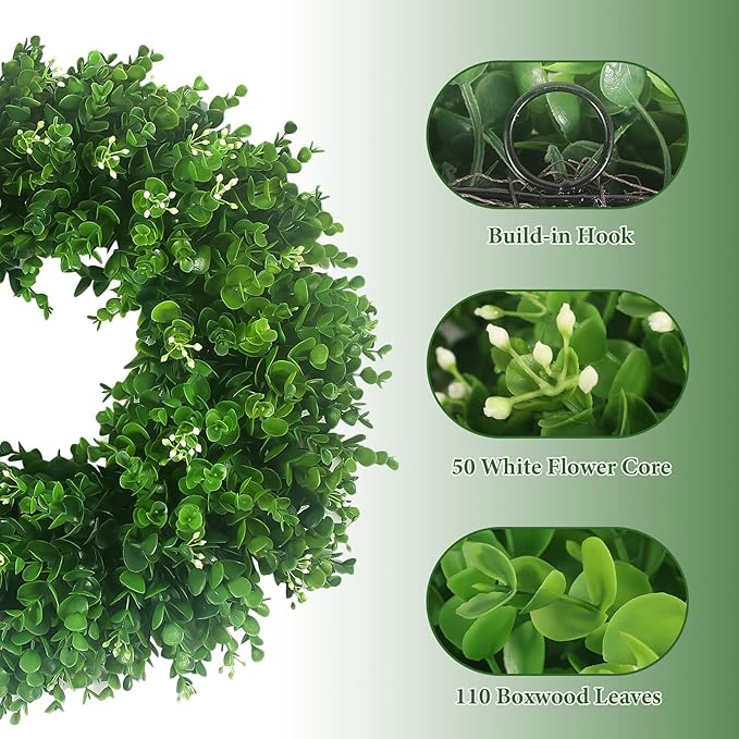 Boxwood Wreaths for Front Door 18-20'', UV Resistant Leaves with White Flower Core, Artificial Green Wreath with a Sash for Farmhouse Wedding Outdoor Indoor Hanging Decor All Seasons