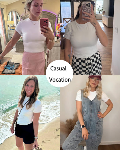 Women's Casual Basic Tees Crew Neck Tight T Shirts Slim Fit Short Sleeve Going Out Crop Tops(White,L)