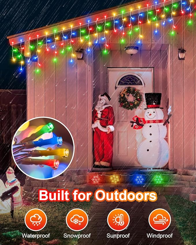 Christmas Lights Outdoor, 53 FT 486 LED Christmas Lights for Outside, Timer & Memory, Plug in 8 Modes Hanging Fairy Lights with 108 Drops for House Eaves Yard Patio Holidays Decorations, Multicolor