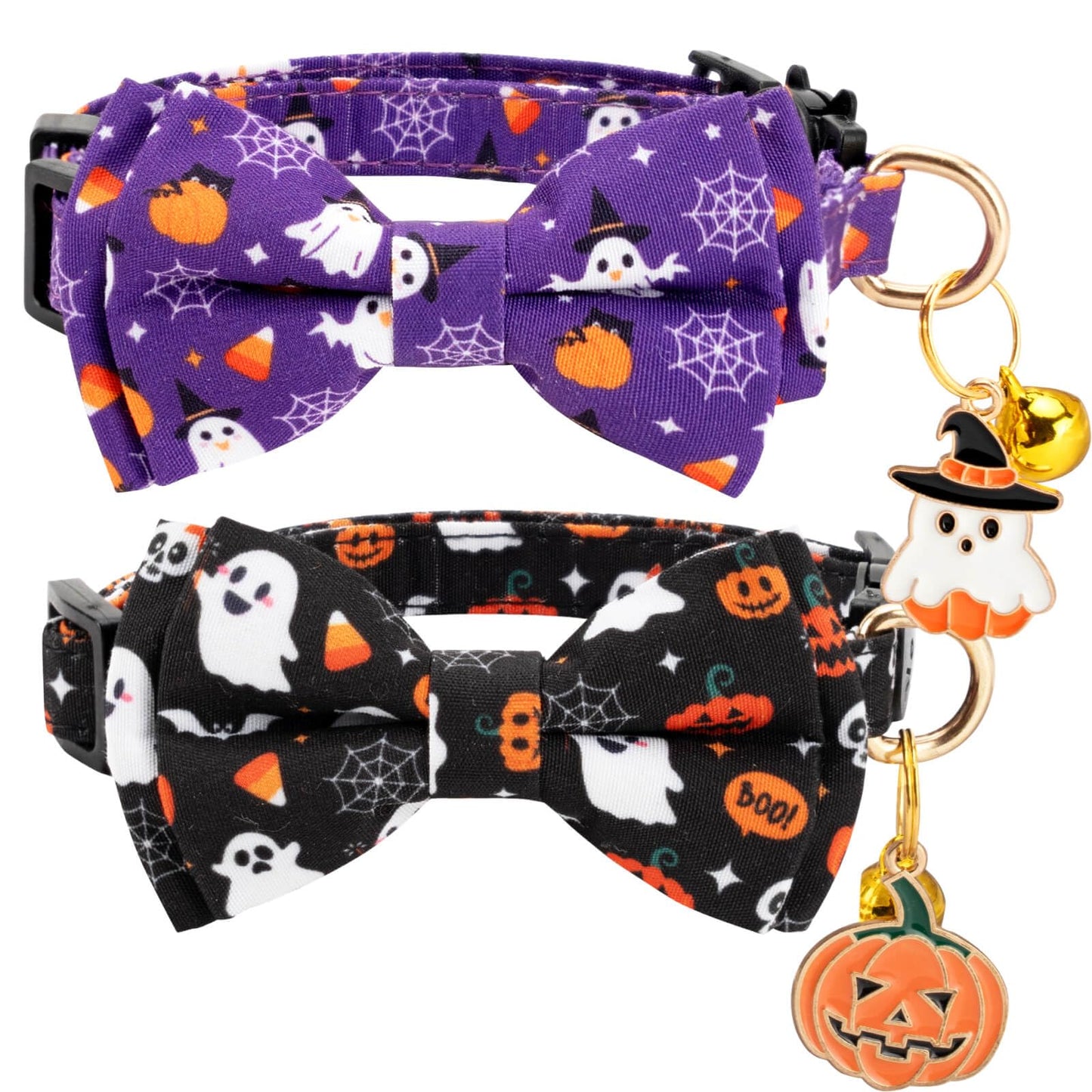 Gelwoo 2 Pack Halloween Cat Collar with Bow Tie and Bell for Male Female Cats,Soft Fancy Breakaway Kitty Kitten Collar with Ghost& Pumpkin Patterned Design for Boy Girl Cats. (Purple Ghost&Pumpkin)