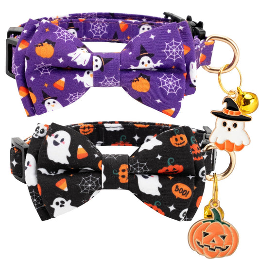 Gelwoo 2 Pack Halloween Cat Collar with Bow Tie and Bell for Male Female Cats,Soft Fancy Breakaway Kitty Kitten Collar with Ghost& Pumpkin Patterned Design for Boy Girl Cats. (Purple Ghost&Pumpkin)