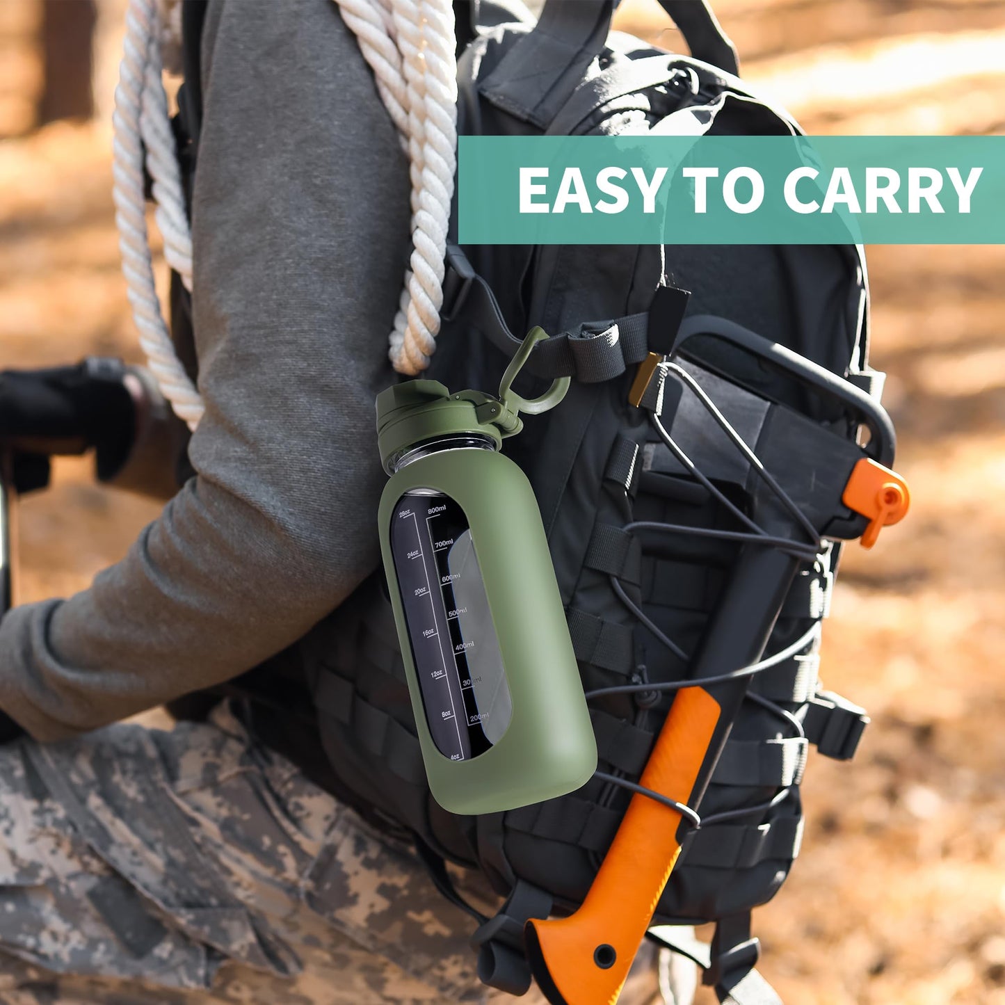 CIVAGO 64 oz Glass Water Bottle Jug with Straw and Handle, Half Gallon Sports Motivational Water Bottle with Time Marker, Wide Mouth Flask Canteen with Silicone Sleeve for Gym, Black