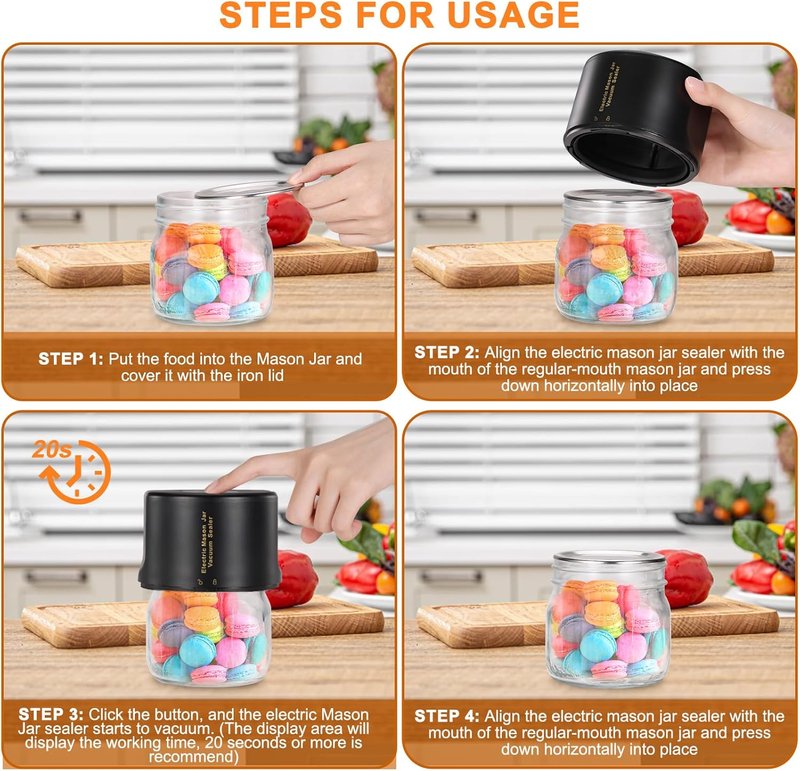 Mason Jar Vacuum Sealer - Electric Kit for Wide & Regular Mouth Canning Jars | Auto-Stop Function, Black