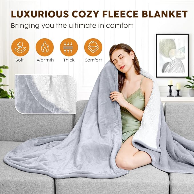 HYLEORY Heated Electric Blanket Throw 50"x60" Soft Fleece & Flannel with 5 Heating Levels & 3 Hours Timer Auto Shutt Off, ETL Certified, Washable，Heated Blanket for Body-Light Grey