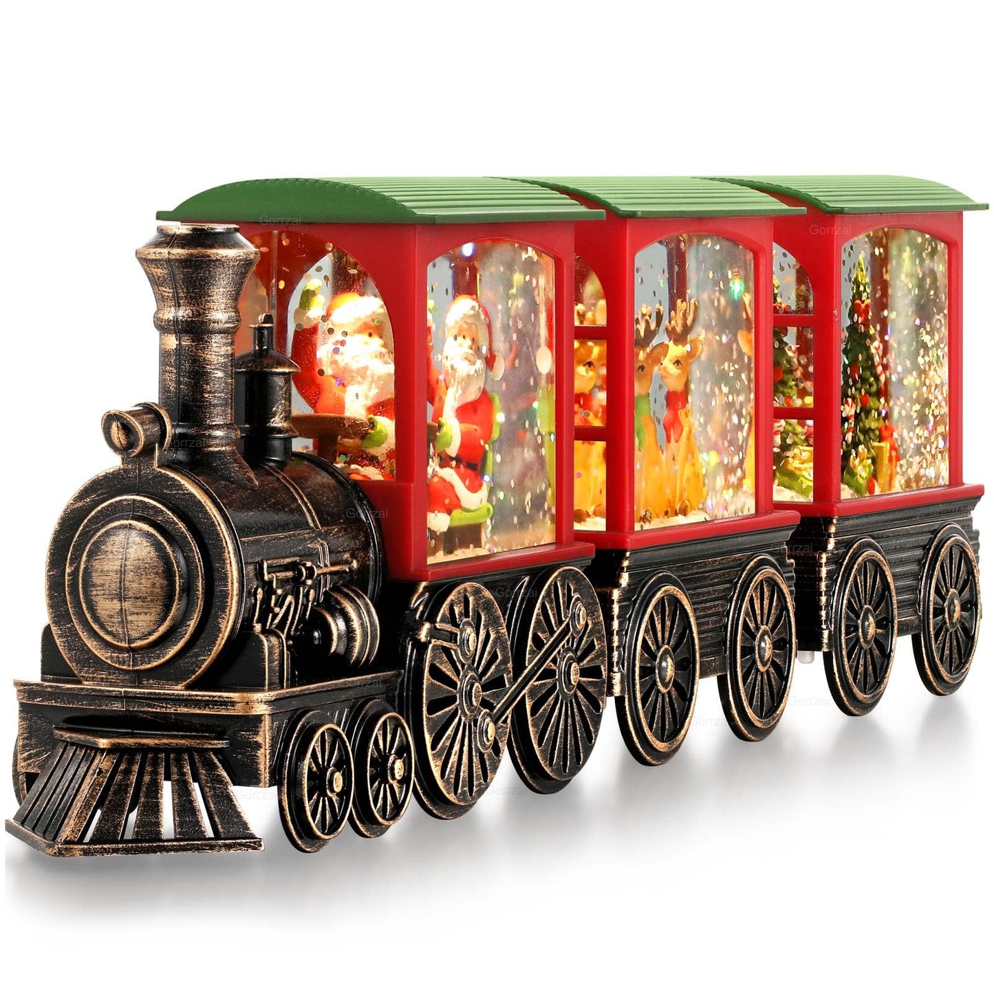 Gorrzai Train Snow Globe Christmas Snow Globe Lantern with Auto 6H Timer and Manual Glitter, Lighted Christmas Decorations Indoor with Santa Claus Reindeer Tree for Home Tabletop, Battery Operated