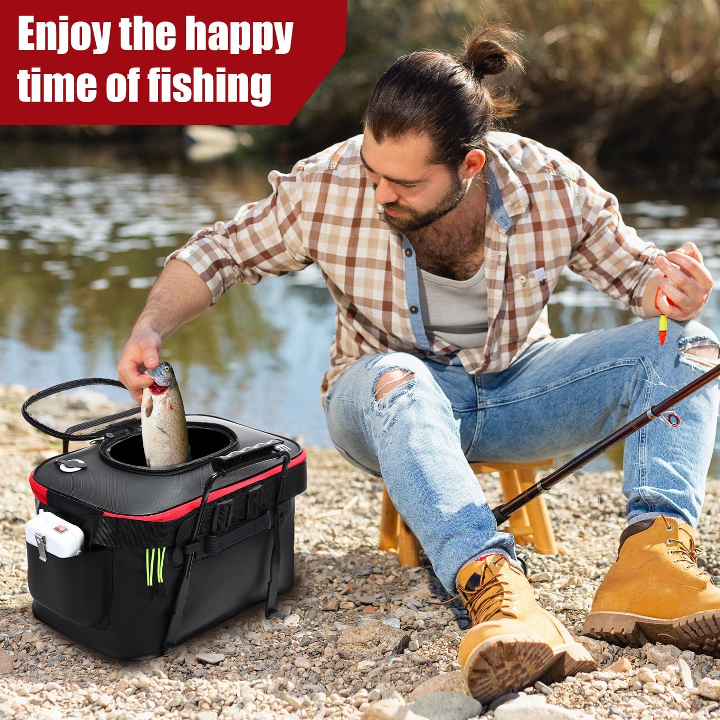 Cosblank 2 Pcs Fishing Bucket and Live Bait Aerator, Foldable Multi Functional Live Bucket Portable Quiet Aerator Outdoor Camping Fishing EVA Bag(Black,4 Gallon)