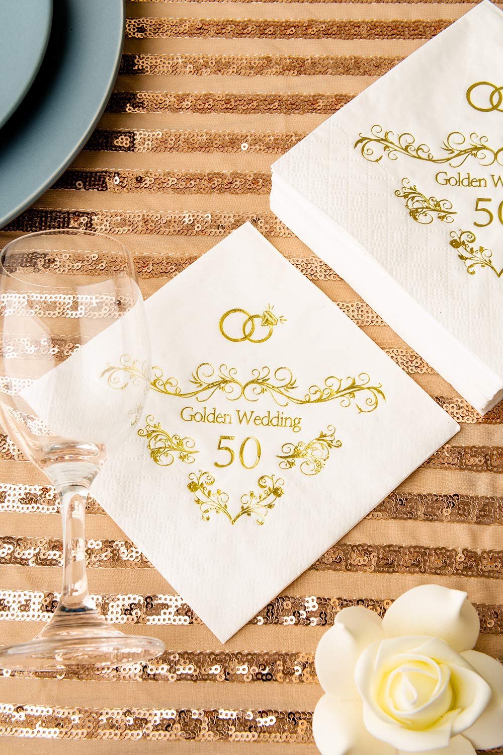 Crisky 50th Anniversaray Napkins, Gold Foil Text, 50th Anniversary Party Decorations 50 Pcs, 3-ply