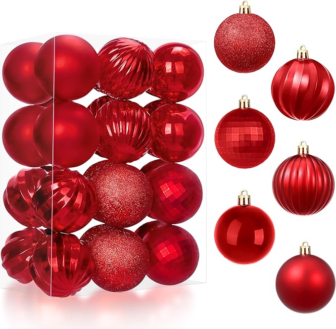 Joiedomi 24 Pcs Red Christmas Balls Ornaments Set, 2.36" Christmas Tree Ornaments Shatterproof, Xmas Balls Hanging Decorations for Tree Wreath Garland Holiday Wedding Indoor Party Decor