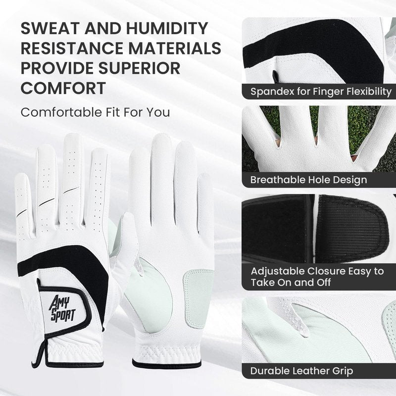 Amy Sport Golf Gloves Men Right Handed Golfer Left Hand 3 Pack PU Leather All Weather Grip Soft Breathable Flexible for Mens (White-3 Pack, Large, Right)