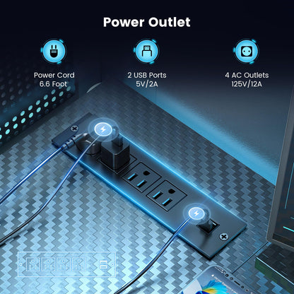 DOMICON Gaming Desk, 47 inch L Shaped Gaming Desk, Computer Desk with LED Lights & Adjustable Stand, Power Outlets, Storage Drawer, Reversible with Shelves, Hook, Black Carbon Fiber