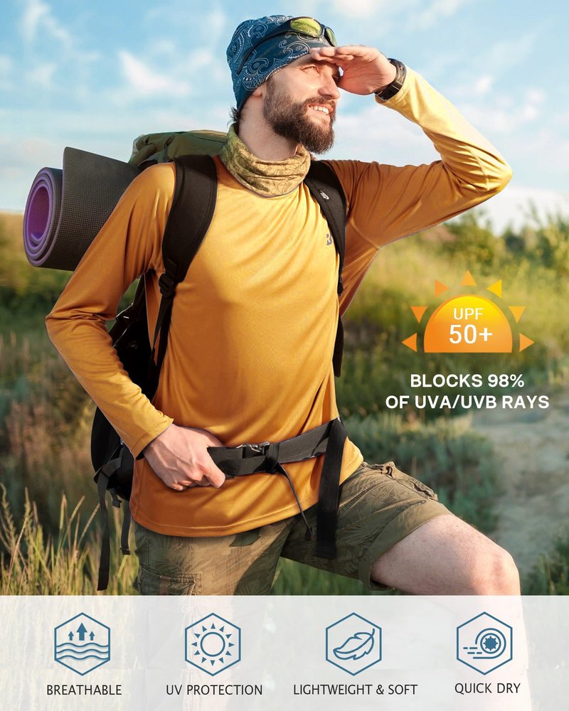 Roadbox Mens UPF 50+ Long Sleeve SPF Diving Rash Guard UV Sun Protection Shirts for Outdoor Fishing Hiking Swimming Running Golden Yellow