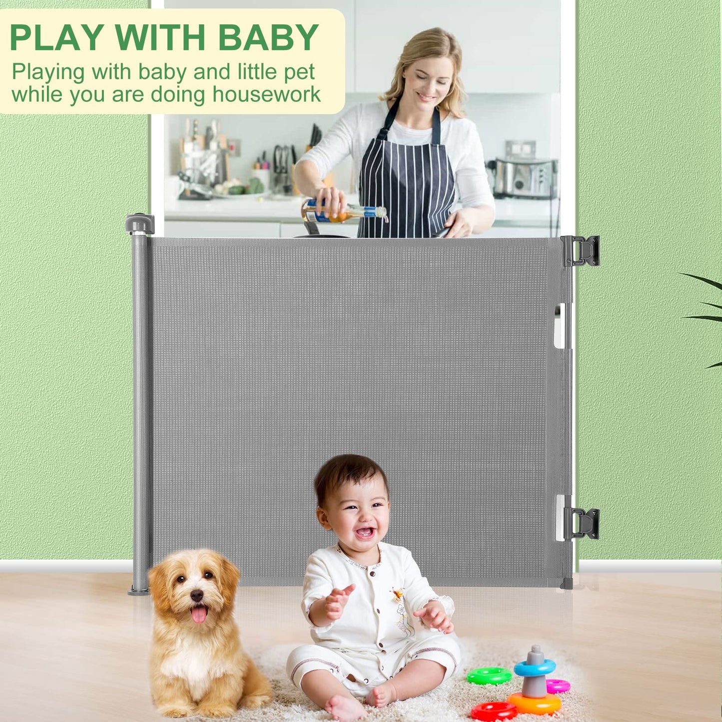 MYPIN Extra Wide Retractable Dog and Baby Gates - Indoor/Outdoor Stair Gates for Stairways, Hallways, Doorways (Grey, 140 X 86 CM)