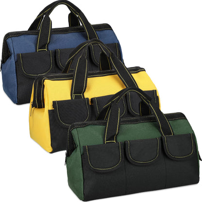 Sanwuta 3 Pack Tool Bag for Men with Waterproof Hard Bottom, Heavy Duty Tool Bag Wide Mouth Tote for Various Instrument, Electrician Carpenter Mechanic(13 Inch,Blue, Yellow, Army Green)