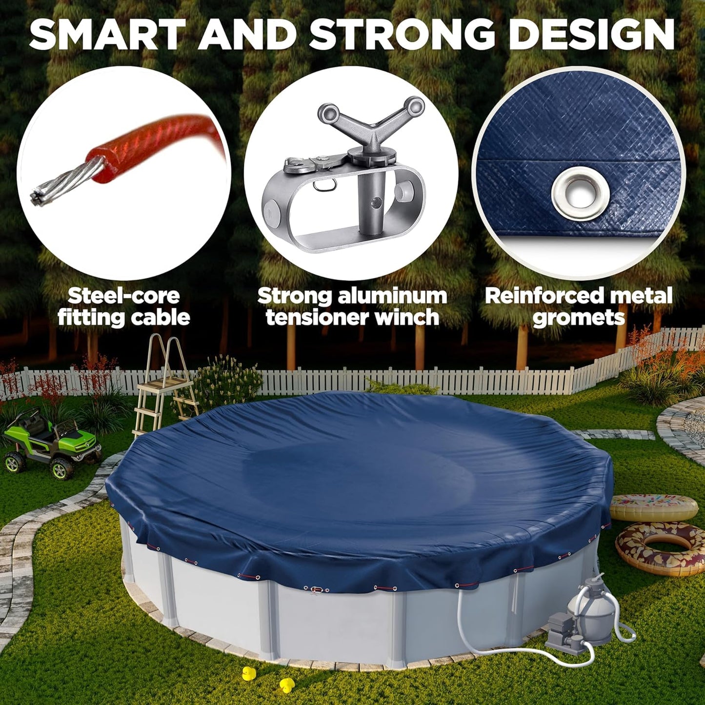 24 ft Round Pool Cover for Above Ground Pools, Above Ground Pool Cover, Swimming Pool Cover, Winter Pool Cover, Keeps Out Debris, Cold and UV Resistant, Supreme Mesh, Navy Blue