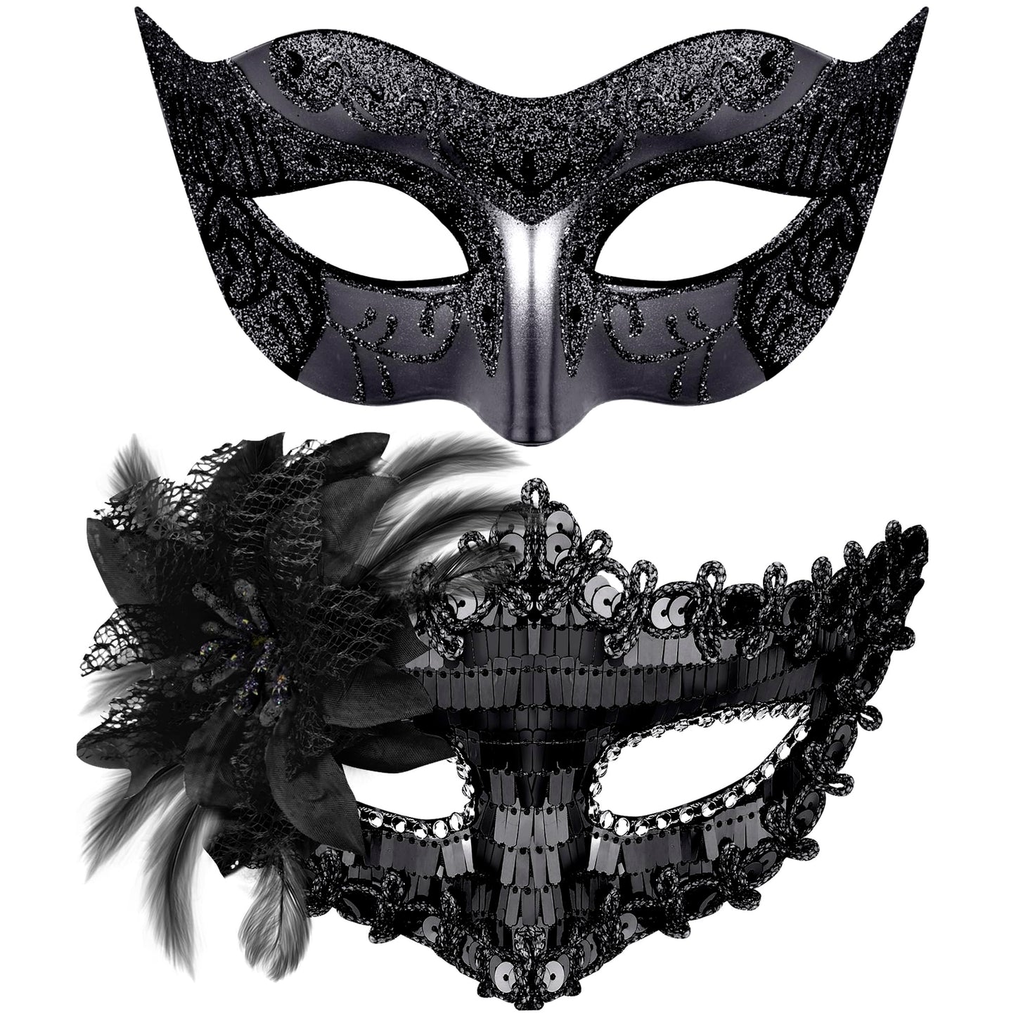 SIQUK Couple Masquerade Masks Sequins Venetian Party Plastic Halloween Costume Rhinestone Mardi Gras Mask for Women and Men, Black