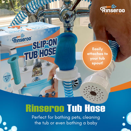 Rinseroo Ultra-Flex Slip-on Dog Shower Hose Adapter, Portable Hose Attachment with Sprayer Pet Shower Head Attachment Tub Spout 5 Foot Hose, No Installation for Quick Rinsing