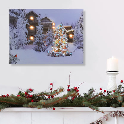 BANBERRY DESIGNS Lighted Wall Art - Cabin in the Woods Christmas Canvas Prints - Canvas Holiday Print with Cardinals Snow and Trees - LED - Measures 12" X 16"
