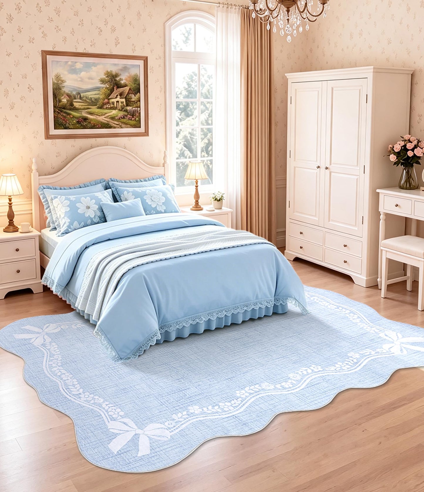 YIHOUSE 5'x7' Area Rug Blue Bow Scalloped Nursery Rug, Cute Princess Girls Bedroom Rug Washable,Non Slip Soft Low Pile Floral Border Carpet for Living Room Family Room Bedroom Standard Space