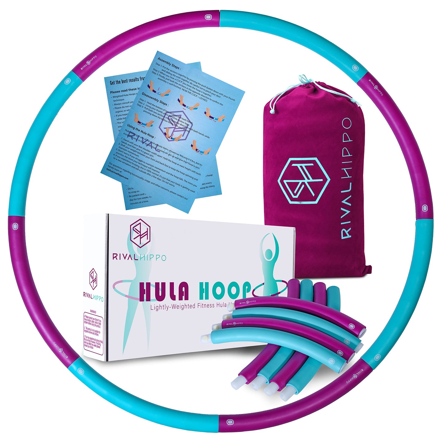 Detachable and Adjustable Weighted Hula Hoop for Adult with 8 Push-to-Connect Sections and Soft Thick Foam Padding for Weight Loss Exercise with Matching Carrying Bag (Up to 3.04 Pounds, 36 Inches)