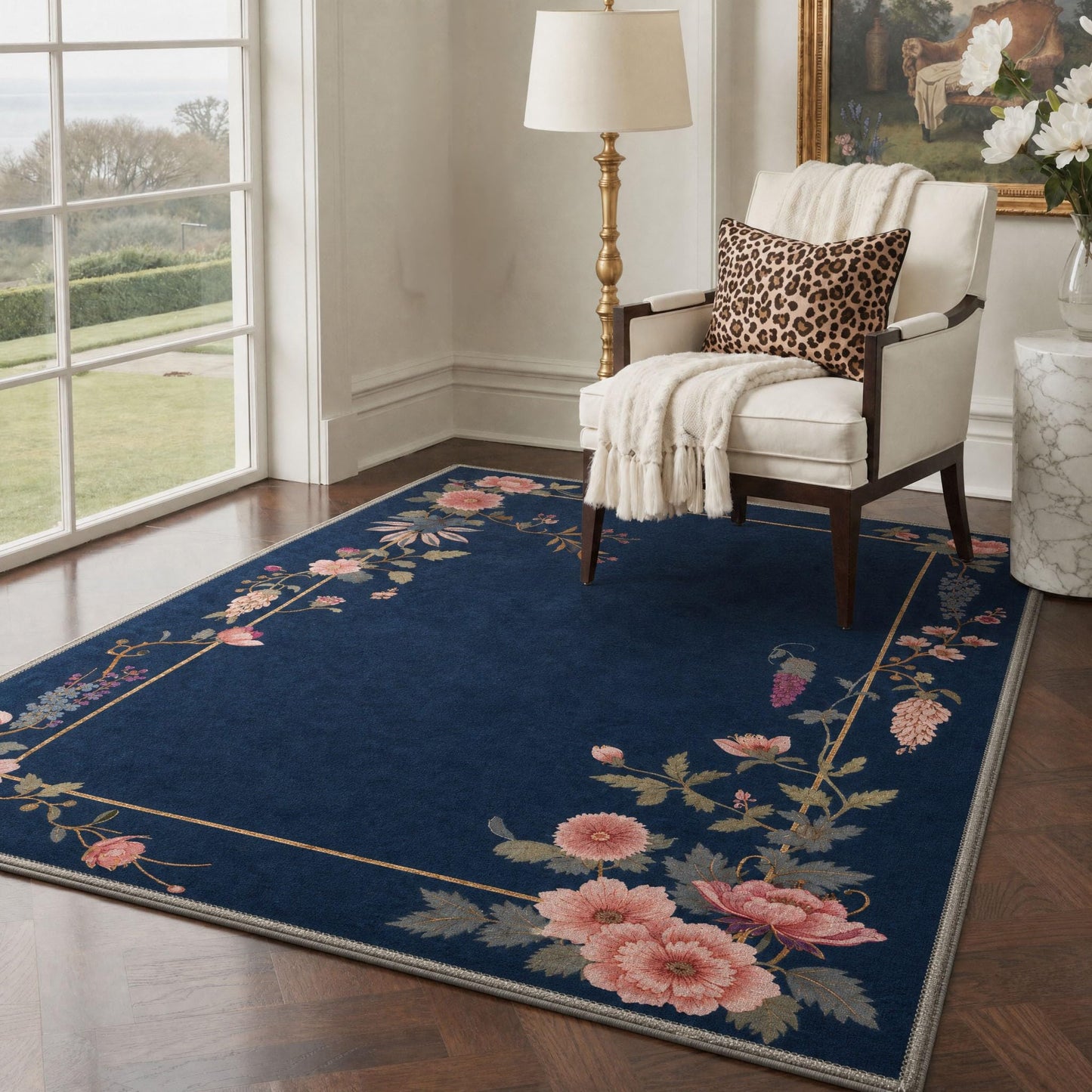 GENIMO 8X10 Area Rugs for Living Room, Machine Washable Non Slip Stain Resistant Low Pile Rug, Floral Border Soft Rugs for Bedroom, Dining Room, Home Office, MidnightBlue